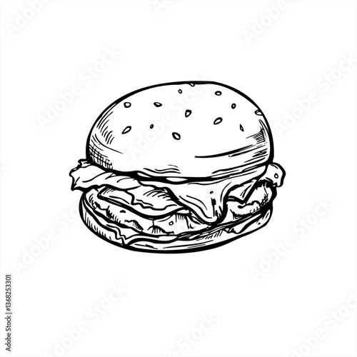 Monochrome vector sesame burger with meat, vegetables and sauce line art painted by black inks. Etching drawing of classic homemade beef sandwich for fast food logos, packaging, and menu design