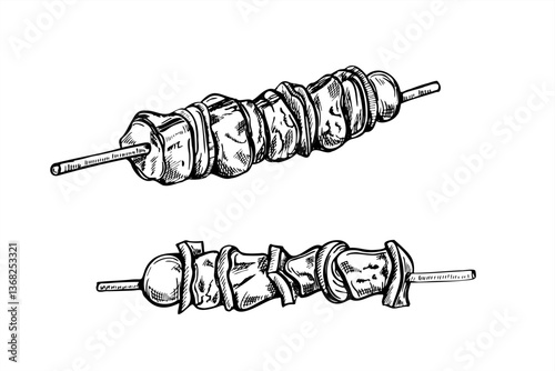 Monochrome vector meat on wooden sticks with peppers and cherry tomatoes on stick line art black ink sketch. Etching drawing of grilled kebab for BBQ menus, street food branding, and summer party