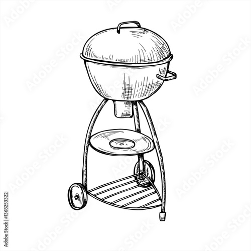 Compact kettle grill with wheels vector illustration painted by black inks. Etching drawing of modern portable BBQ mangal. Family sized travel barbecue for picnics, camping, and small gardens.