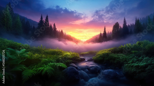 Serene sunrise over misty river valley tranquil nature scene landscape photography peaceful environment wide angle view scenic beauty