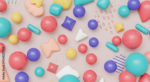 Playful arrangement of colorful geometric shapes creating a vibrant background