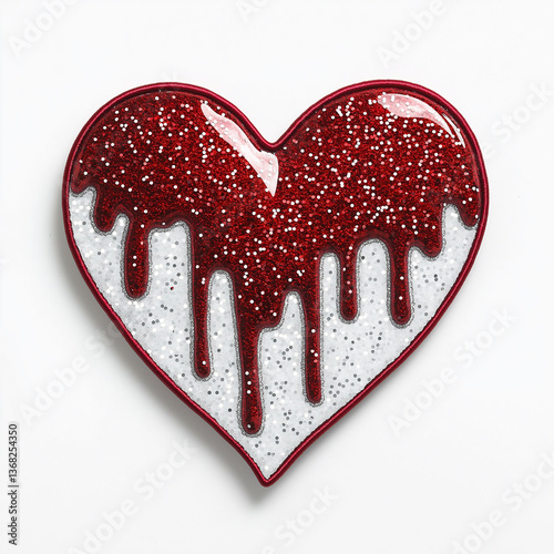 Red glittery heart with dripping blood on white background