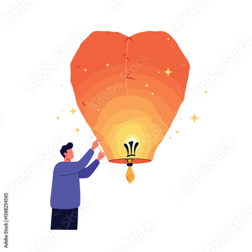 Man releasing a heart-shaped lantern in a flat design style vector art