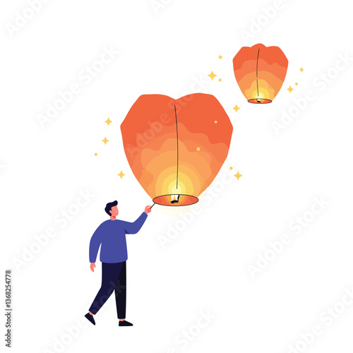 Person releasing heart-shaped lanterns in flat and colorful design vector illustration