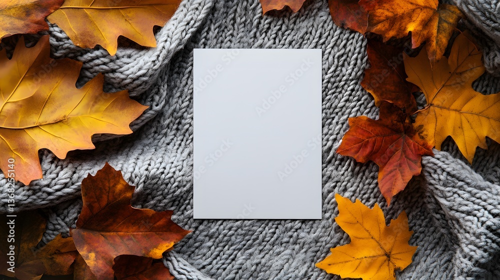 Fototapeta premium Autumn Leaves Blank Card Cozy Knit Background of excellence in splendor beyond compare with grace