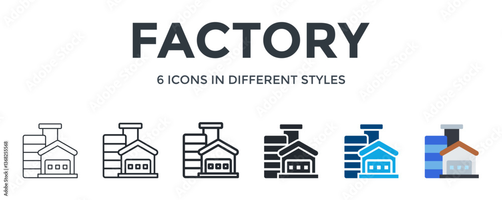 Factory Icon In Different Style Vector Illustration. Designed In Thin Line, Regular Line, Bold Line, Glyph, Color Fill, And Flat Style Can Be Used For Web Factory Icon In Different Style Vector Illustration. Designed In Thin Line, Regular Line, Bold Line, Glyph, Color Fill, And Flat Style Can Be Used For Web