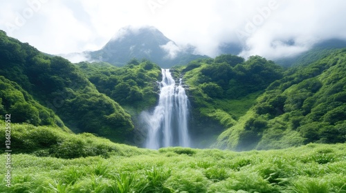 Lush waterfall cascading down verdant mountains.  Misty peaks rise above a vibrant, green valley