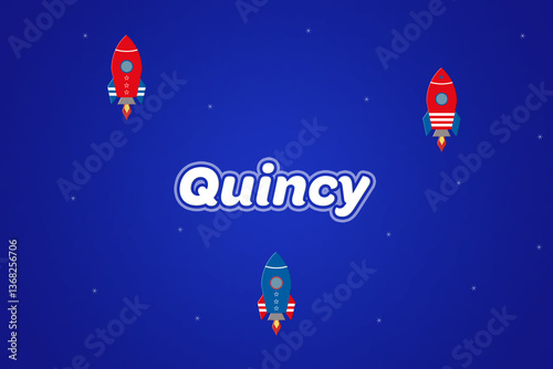 Quincy male boy name illustration in blue with rockets.