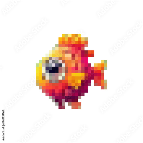 Pixel fish of different shapes and colors. Interesting sea creatures. Cartoon fish and sea inhabitants