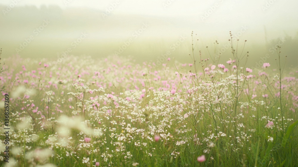 Naklejka premium A misty meadow covered in soft pink and white wildflowers