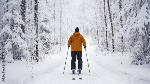 A skier in a bright orange jacket glides through a snowy forest trail, surrounded by tall snow-covered trees
