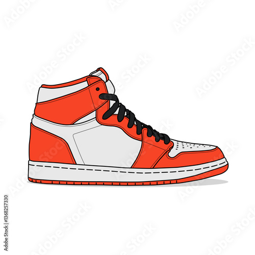 Orange and gray high-top basketball shoes are isolated on white.