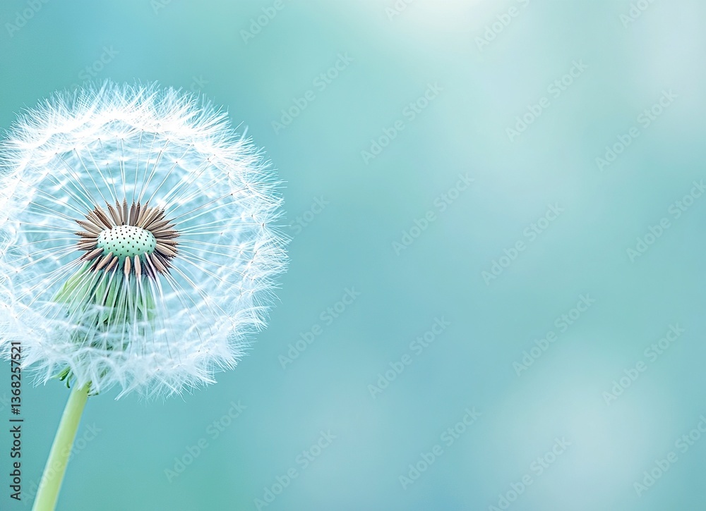 Fototapeta premium Beautiful dandelion close-up on a green background, with pastel blue and white colors, captured through macro photography, with blurred edges, creating a beautiful background for design work or as an 