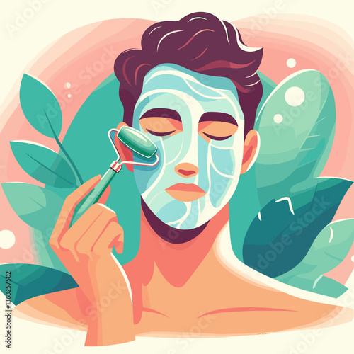 Young man feeling relaxed, using facial roller with mask on his face surrounded by plants