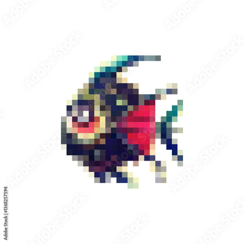Pixel fish of different shapes and colors. Interesting sea creatures. Cartoon fish and sea inhabitants