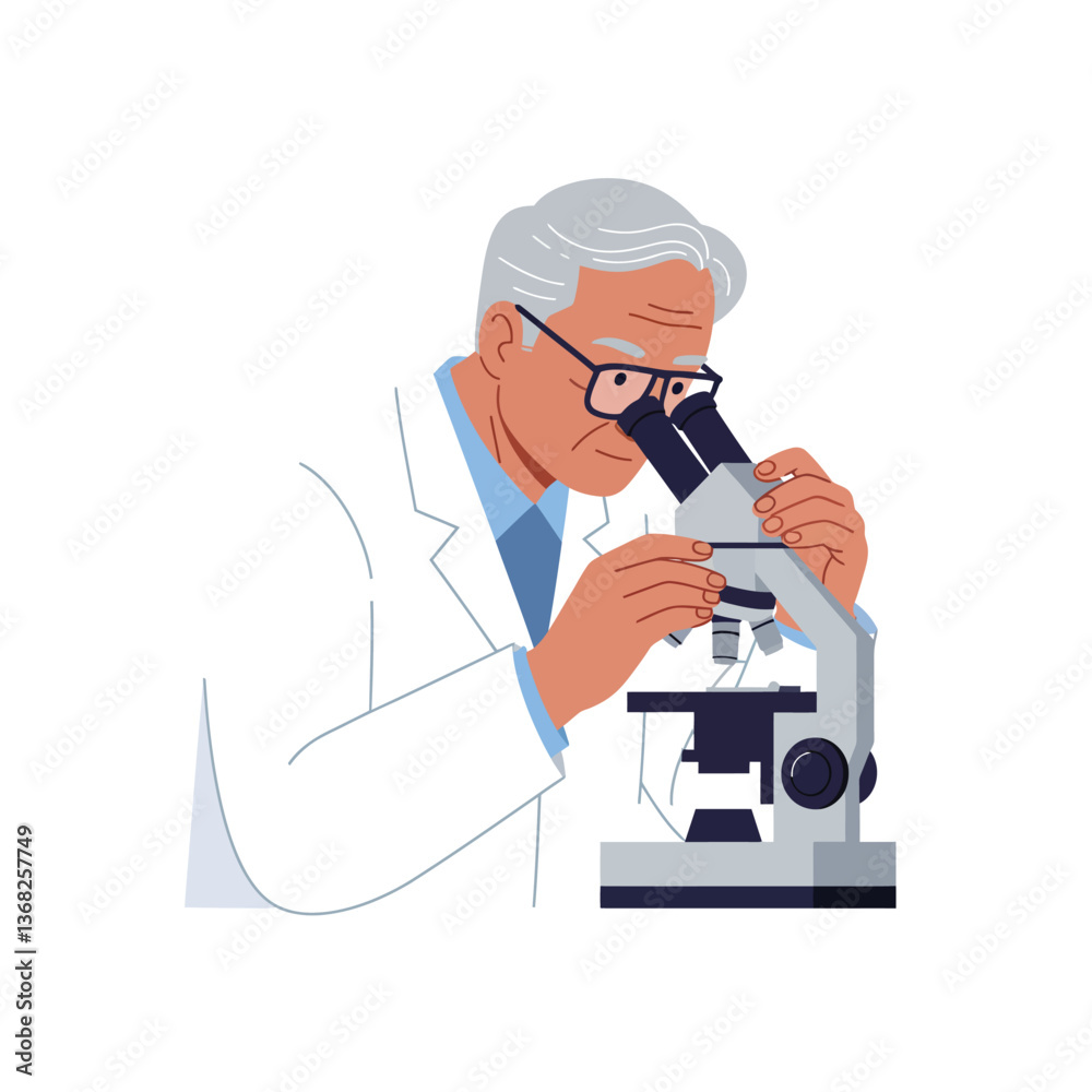 Scientist examining specimen under microscope in detailed flat vector art Scientist examining specimen under microscope in detailed flat vector art