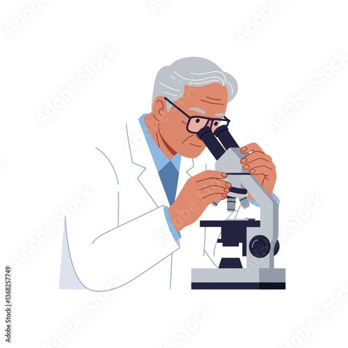 Scientist examining specimen under microscope in detailed flat vector art