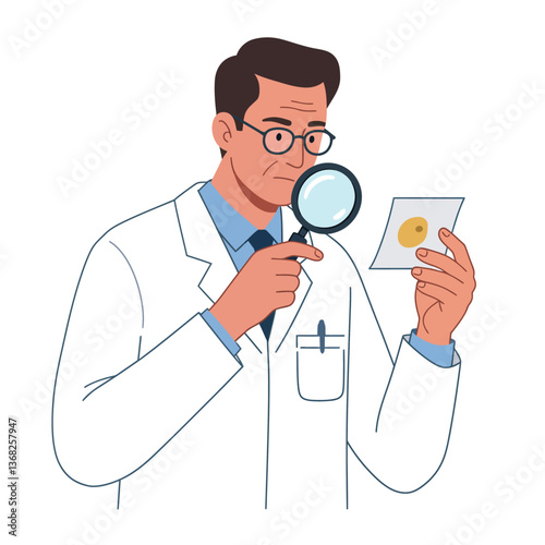 Scientist examining specimen with magnifying glass in flat vector art