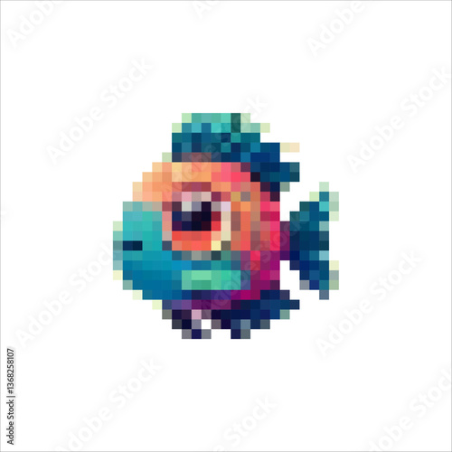 Pixel fish of different shapes and colors. Interesting sea creatures. Cartoon fish and sea inhabitants