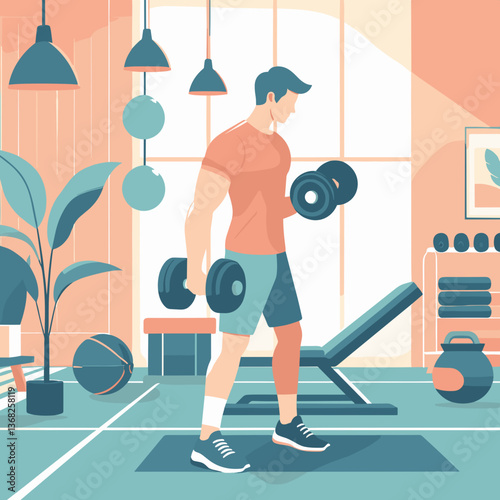 Young man exercising with dumbbells in a modern gym interior with fitness equipment