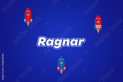 Schilderij op canvas Ragnar male boy name illustration in blue with rockets.