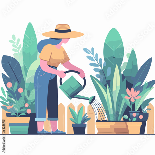 Young woman feeling joyful, watering plants in colorful garden setting