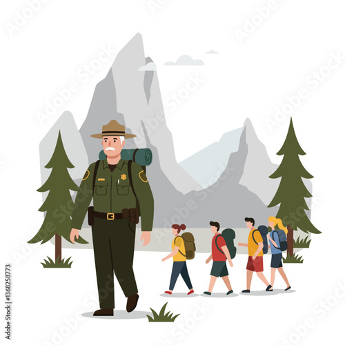 Ranger guiding hikers through beautiful mountains in flat vector art