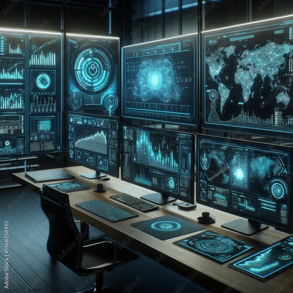 Fototapeta premium A professional and high-tech workspace with multiple screens showcasing advanced AI analytics and coding environments.