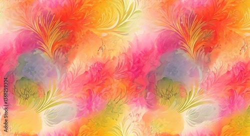 An abstract watercolor floral pattern with splashes of vibrant pink, yellow, and orange, Ai Generated