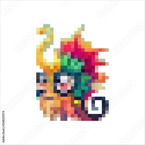 Pixel fish of different shapes and colors. Interesting sea creatures. Cartoon fish and sea inhabitants