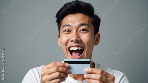 Excited Young Man Shows Off His New Credit Card, A Big Smile Illuminates His Face, Celebrating a Successful Purchase or Financial Achievement photo