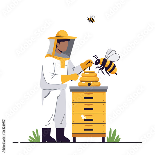 Beekeeper tending hive in flat style vector art with honey and bees