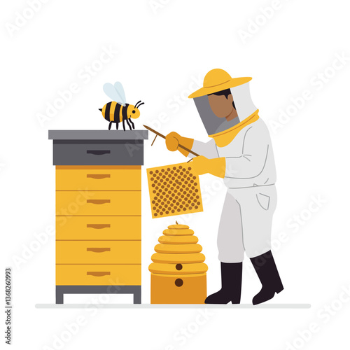 Beekeeper tending to hive with honeycomb in flat vector illustration