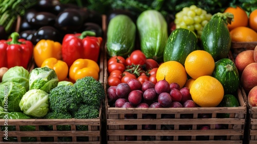 Fototapeta Naklejka Na Ścianę i Meble -  Healthy fruits and vegetables neatly arranged on shelf supermarket background wallpaper promoting healthy eating colorful display