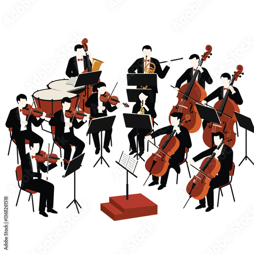 Orchestra performance in flat design style featuring musicians and instruments vector art