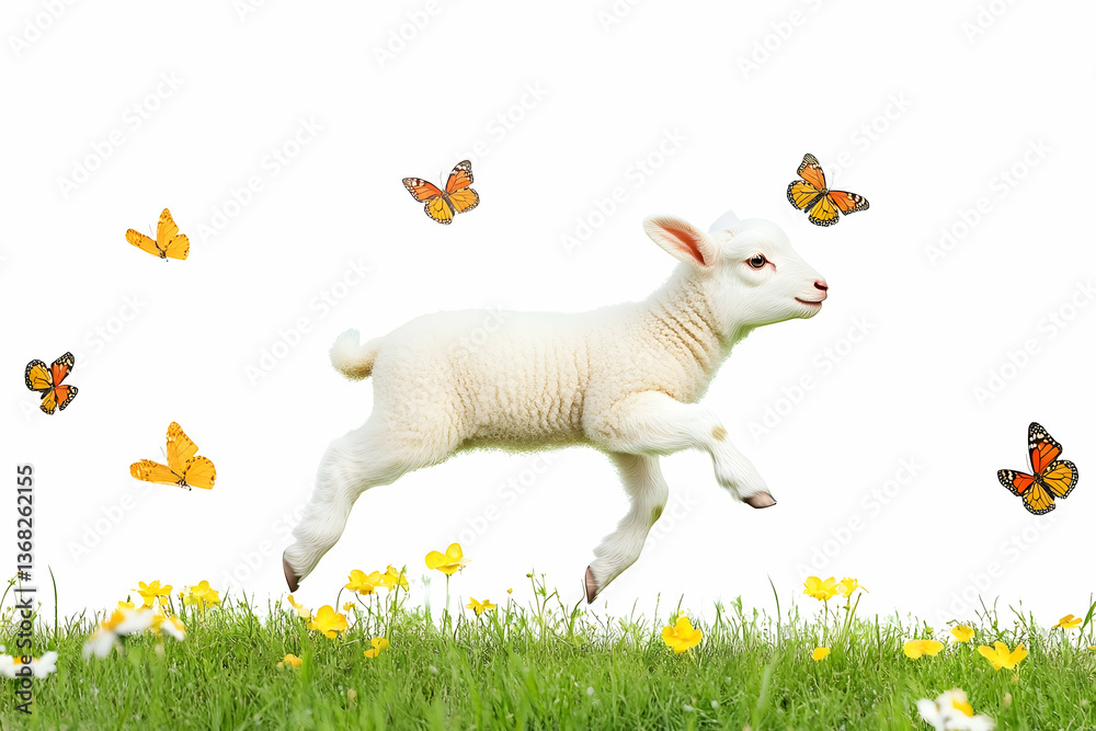 Cute lamb jumping in a spring meadow with butterflies for Easter celebration Cute lamb jumping in a spring meadow with butterflies for Easter celebration