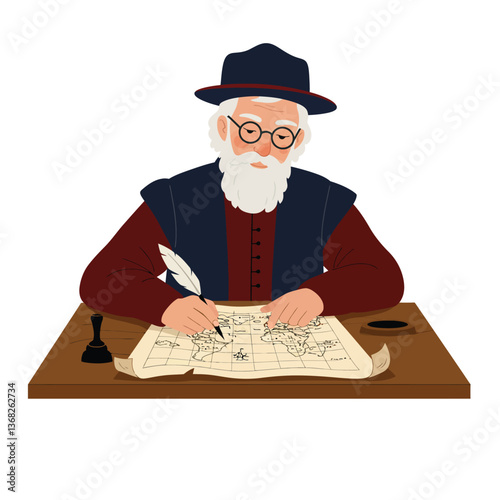 Elderly scholar writing on ancient map with flat vector art style