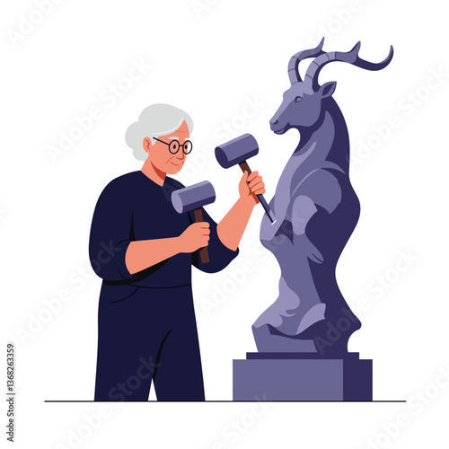 Sculptor refining a goat statue in a detailed flat vector art
