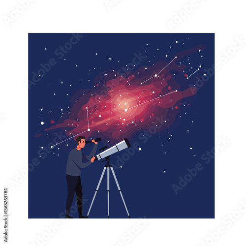 Astronomer using telescope observing the universe in minimal vector art