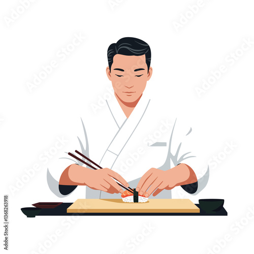 Sushi chef preparing fresh sushi rolls in flat vector art style