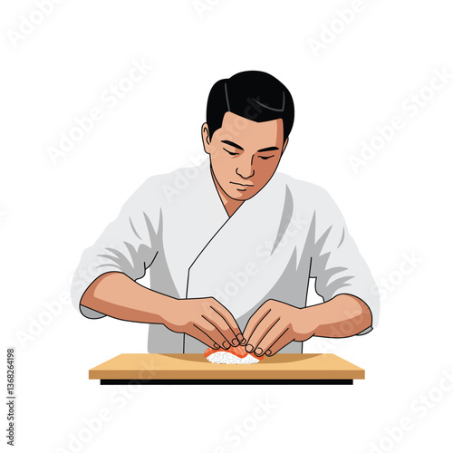Sushi chef preparing a delicate sushi roll in flat vector art