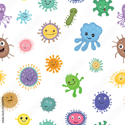 Seamless pattern with colorful vector illustration of various cartoon-style gut bacteria with smiling and playful expressions, representing a diverse microbiome in the intestine