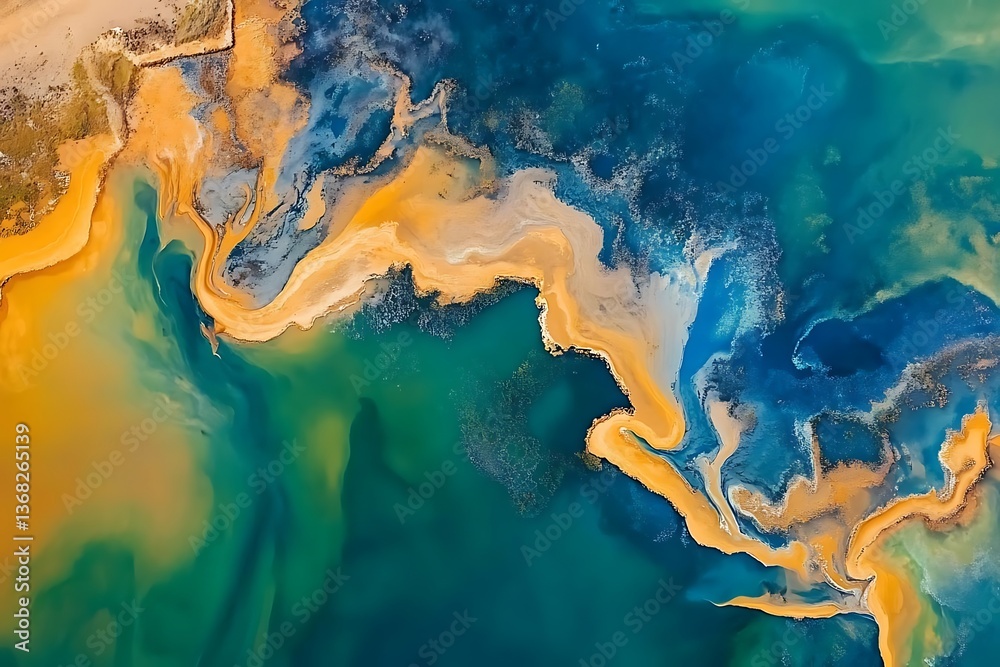 Abstract aerial view of colorful river and landscape with interesting patterns and shapes Abstract aerial view of colorful river and landscape with interesting patterns and shapes