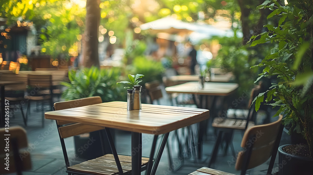 Obraz premium Outdoor table of coffee cafe and reataurant. Summer terrace on city street. Empty outside tables and chairs of outdoor cafe on blur green garden. Cozy outdoor zone cafe and restaurant.