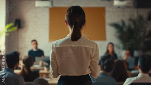 Professional woman presenting in a seminar room, engaged audience listening intently, modern decor and plants in background