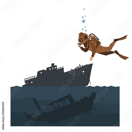 Diver exploring underwater shipwreck in flat vector illustration style
