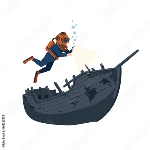 Diver exploring sunken ship in flat design vector art