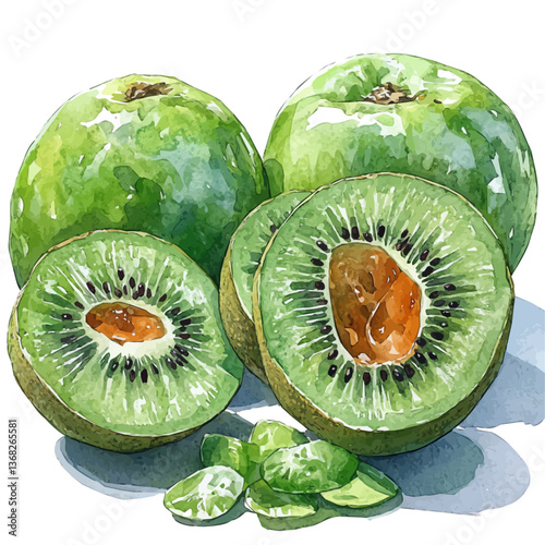A watercolor of a kiwi fruit, isolated on a white background. Kiwifruit vector.

