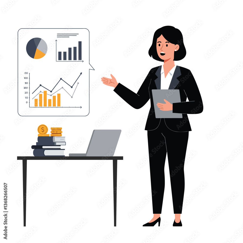 Businesswoman presenting financial data in minimal style vector art Businesswoman presenting financial data in minimal style vector art