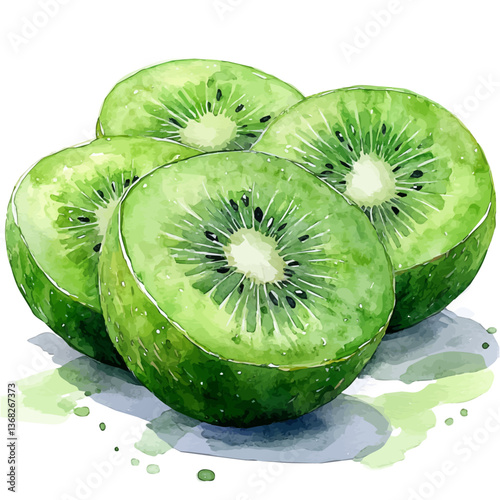 A watercolor of a kiwi fruit, isolated on a white background. Kiwifruit vector.

